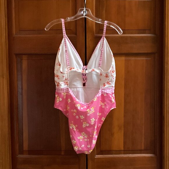 Cupshe Pink One Piece Bathing Suit - Flowers and Gingham Pattern - Size XL - NWT - Picture 3 of 12
